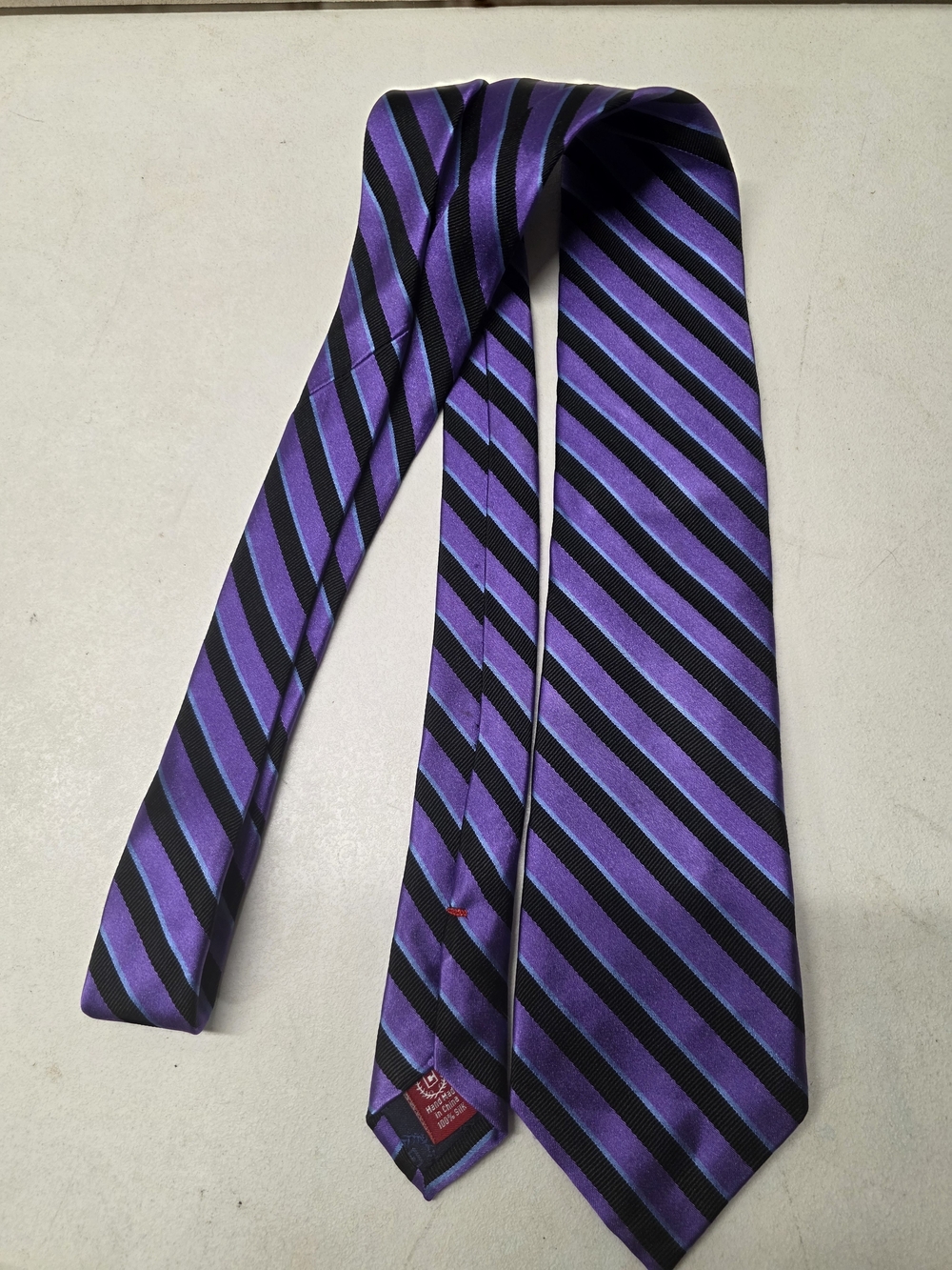 CHAPS Men’s 100% Silk Tie Purple Black Blue Striped Necktie Handmade